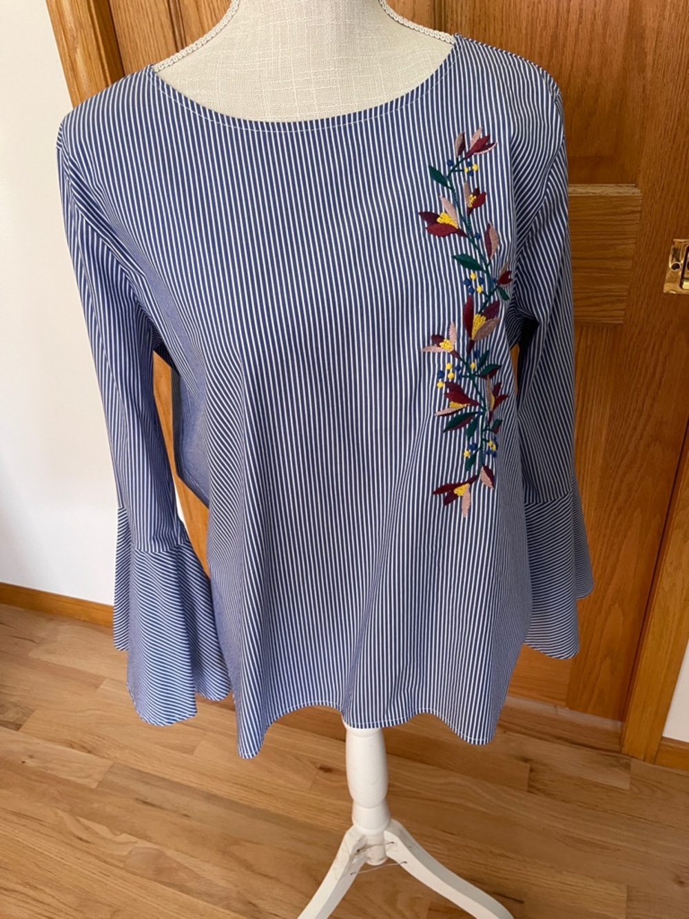 St. John's Bay Navy and White Striped Embroidered Long-Sleeve Top